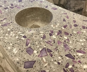 Resin, glass and mirror decoded concrete worktop with moulded sink